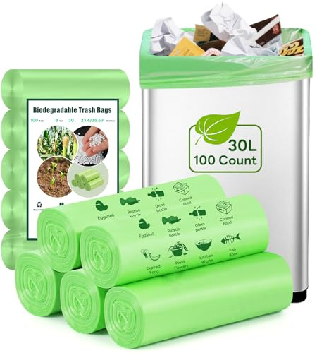 30 Litre Compostable Bin Bags - 100 Counts Biodegradable Bin Liners Strong Pedal Food Waste Trash Bag Compost Bin Liner for Kitchen Office Bathroom