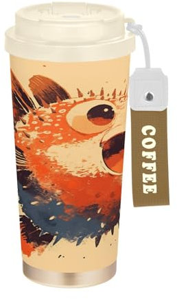linqin Hopeful Puffer Fish - Bicchieri da caffè da viaggio con coperchio, in acciaio inox, per bevande calde e fredde, 500 ml, a prova di perdite