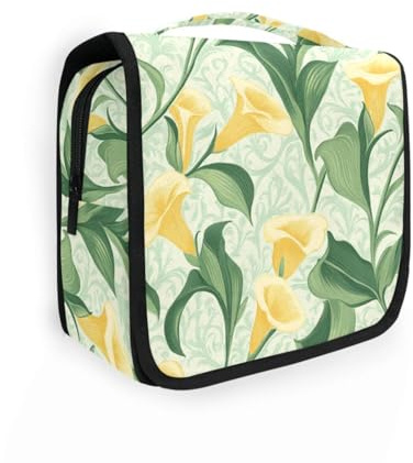Kit de artículos de viaje con gancho para colgar, diseño de flores de lirio de cala amarillo retro