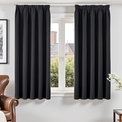 Vangao Kräuselband Gardinen für Schienensystem H145xB140 cm 2er Set Schwarz | Gardinen Blickdicht Wohnzimmer Küche Schlafzimmer Kinderzimmer Fenster, Thermo Black Blackout Curtains Modern