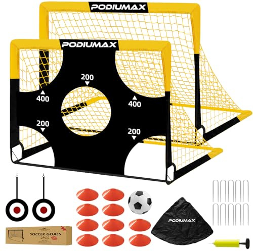 PodiuMax Kids Soccer Goal Set of 2, 4x3ft Pop up Portable Soccer Goals for Backyard, Soccer Net for Kids Age 3 4 5 6 7 8, Toddler Soccer Goal Gift with 1 Ball, 1 Target Net, 10 Cones, 2 Targets