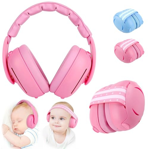 2-in-1 Baby Ear Defenders for Babies and Toddlers, Kids Earmuffs With Soft Cushion and Adjustable Headband Ear Muffs for Noise Protection Cancelling baby headphones Airplane Essentials Sleeping (Pink)