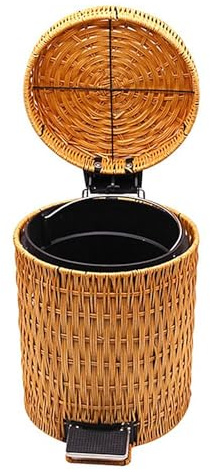 Kitchen Recycling Bin, Double Pedal Round Trash Can, Woven Rattan Wastebasket with Lid, 12L for Home Bathroom and Family Garbage