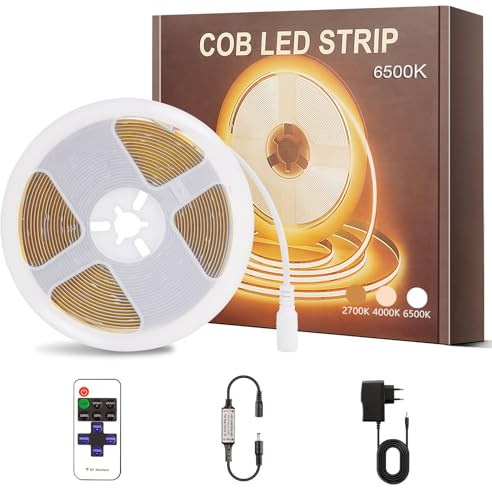 PSTAR COB LED Streifen 4M Weiß 6500K, 24V COB LED Streifen Licht Set, mit Netzteil und Fernbedienung, 8mm Breite, Flexibel LED Band Selbstklebend für Heim Küche Innen Außen DIY Dekor