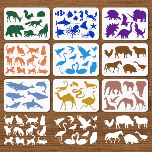 MAYJOYDIY 9 Stück Tiermotiv Malschablone 29.7×21cm Waldtiere Malvorlagen Bauernhof Tiere Meerestiere Schablone Mit Pinsel Zum Basteln Malen Auf Holz Basteln Leinwand Wänden Dekoration