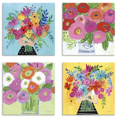 ARTLAND Wanddeko Leinwand Bilder Set 4tlg. je 40x40 cm dopamin deko Flower Market Blumen Blumenstrauß simple modern U5SG