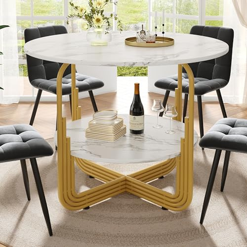 OKMYHOME Runder Esstisch mit zentralen Aufbewahrungen, MDF-Platte marmoriert, ideal für Küche und Wohnzimmer, 80 x 80 x 76 cm, Gold