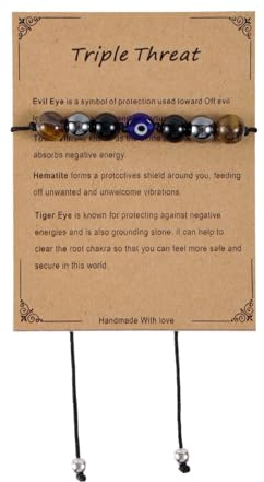Mikovivi Evil Eye Bracelet, Adjustable Triple Threat Protection Bracelet Natural Stone Good Luck Jewelry for Anxiety Relief Women & Men Jewelry Gifts