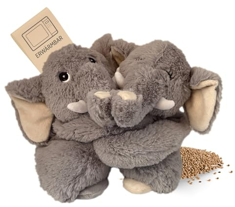 Habibi Premium värmekudde/mjuk leksak för barn och vuxna – 2041 Hugys elefant pappa barn gosiga vänner set om 2, avtagbar hirsfyllning, för uppvärmning Mikrovågsugn/ugn (grå/vit)
