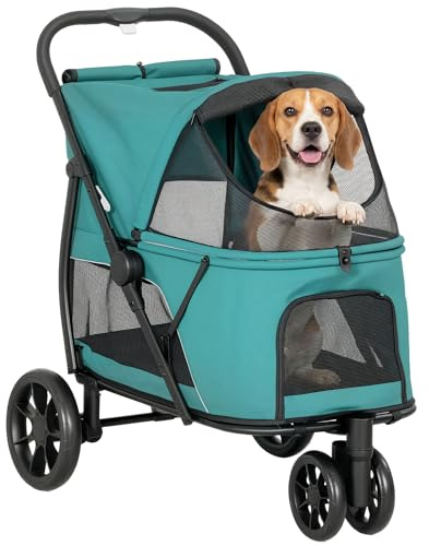 PawHut 3 Wheel Pet Stroller, Dog Stroller Dual Entry, Easy One-Click Quick Fold, All-Terrain Wagon Cart with Air Mesh, Washable Cushion, for Small and Medium Dogs and Cats Up to 44 lbs, Dark Green