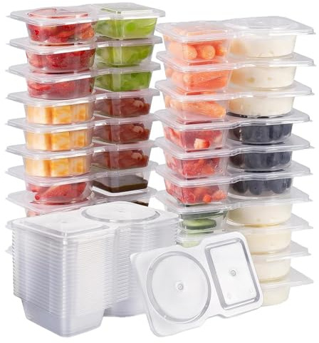 SIXRUN Envases Reutilizables para Bocadillos, Envases de Condimentos de 2 Compartimentos con Tapas para Control de Porciones, Almacenamiento de Alimentos (20PCS Contenedor de inmersión de 2