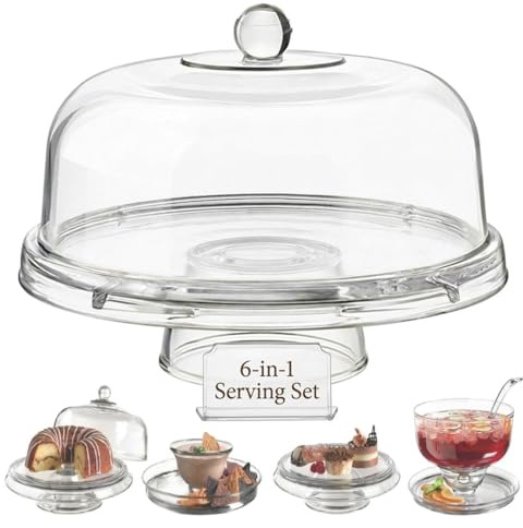 Multi Functional 6in1 Clear Cake Stand Dome Platter Dip Server Punch Salad Snack Bowl Kitchen Party BBQ Picnic Tray