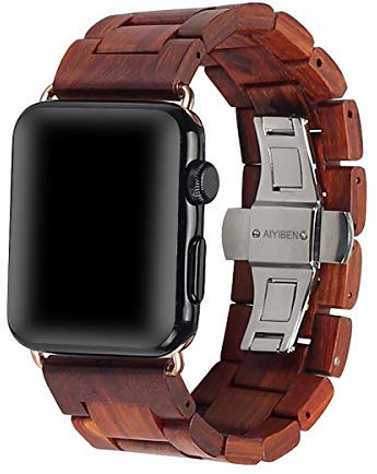 AIYIBEN Uhrenarmband aus Holz 38mm/40mm/41mm mit Schmetterlingsschnalle aus Edelstahl, kompatibel mit der iWatch Ultra 2 SE Serie 1 2 3 4 5 6 7 8 9 (rot)