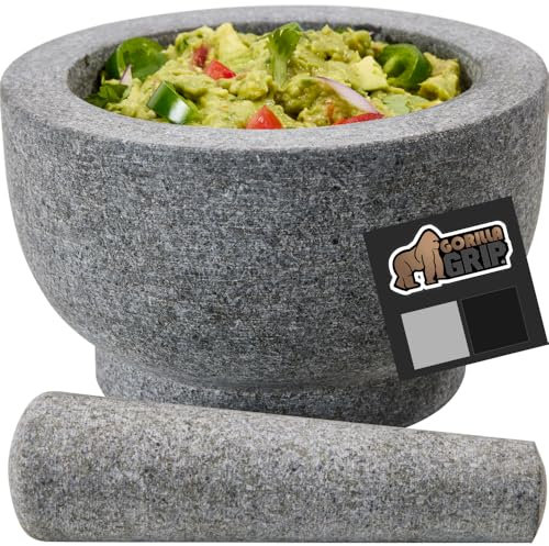 GORILLA GRIP 100% Natural Granite Stone Mortar and Pestle Set, 2 Cup, Non-Scratch Base, Heavy Duty Unpolished Molcajete Guacamole Salsa Bowl, Grind Seeds, Herbs, Pills, Kitchen Lab Muddler, Gray