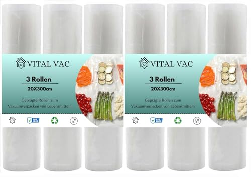 VITAL VAC Vakuumierbeutel, 6 Rollen, 20 x 300 cm | Wiederverwendbar, Sous Vide geeignet, Konservierung, Gefrier- und Mikrowellengeeignet