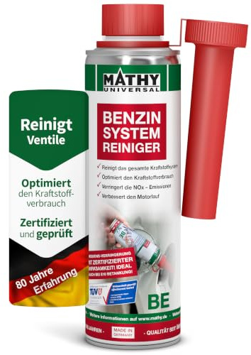 MATHY-BE Benzin Systemreiniger, 250ml, Benzinadditiv Zusatz Zertifiziert | Hochwirksamer Benzin-Reiniger zur Reinigung von Motor, Ventilen & Kraftstoffsystem, Kraftstoffadditiv für Benzinmotoren