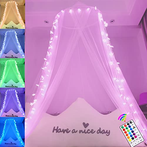 Betthimmel für Mädchen mit Lichtern, Weißer Betthimmel Vorhänge mit Farben wechselnden 100LED Stern Lichtern, Hängende Prinzessin Baldachin für Mädchen Schlafzimmer Dekor Einzel- bis King Size Betten