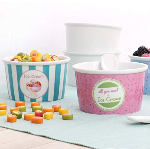 Holst Porzellan ES 302 SET Porzellan 6-tlg. Eisbecher Gelateria dekoriert mit Eislöffel, Weiß