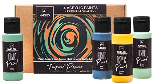 Nakleo Set di Vernici Acrilici per Dipingere, 4 Colori (60ml, 2oz) Tropical Desire Blu Verde Giallo, Non Tossico e Opaco a Base d'Acqua, Forniture Artistiche DIY, Stencil Muro Legno Tessuto Carta