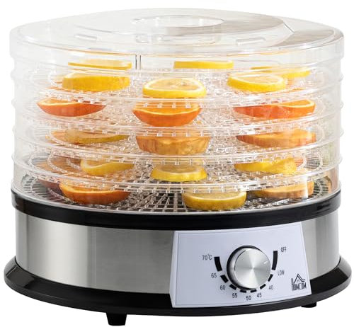 HOMCOM 5 Trays Food Dehydrator, 250W Stainless Steel Food Dryer with 40-70℃ Adjustable Temperature, Dryer Machine for Drying Fruit, Meat, Vegetable, Jerky and Pet Treat, Silver