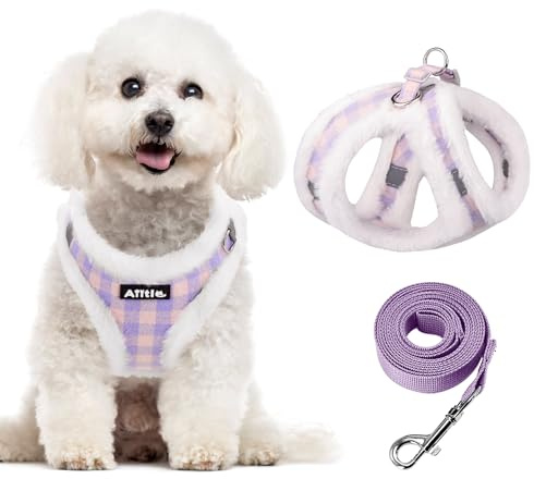 AIITLE Hundsele och koppel set varm och bekväm valpsele med magisk tape-design, plyschväst för utomhuspromenader för små hundar och katter lila-rosa XS