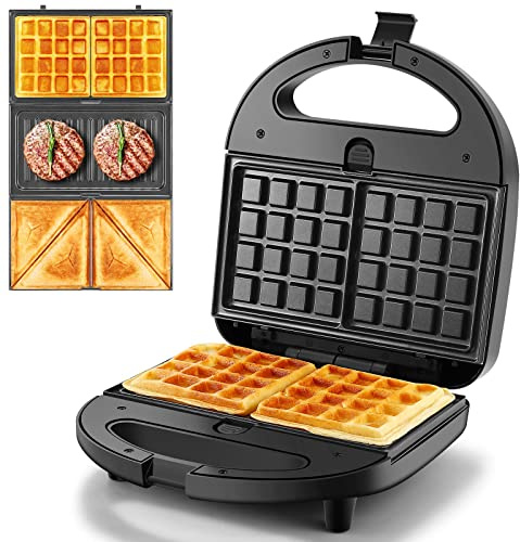 OSTBA 3 in 1 Sandwich Maker Panini Press Waffle Iron Set with 3 Removable Non-Stick Plates, 750 W Toaster Perfect for Sandwiches Grilled Cheese Steak, Black