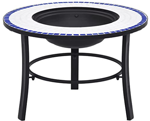 Feuerstelle Ø 68 cm Feuerschale Metallschale mit Runde Tischplatte und Dreibeinständer, Gartenfeuer Pflanzschale Feuerkorb für Garten, Sommer Party, Gemütliche Feuer, Blau und Weiß