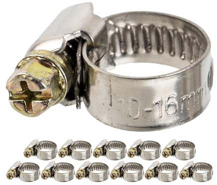 Schlauchschellen mit Schneckenantrieb, 12 Stück, Spannbereich Ø 10-16 mm, für 1/2 Schläuche, W2 Edelstahl, Kreuzschlitz SW 7, 9 mm Bandbreite, Fixierung von Waschmaschine, Spülmaschine Anschluss