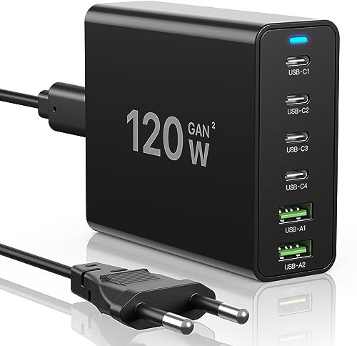 Chargeur USB C de 120 W, chargeur multiple USB 【4USB-C + 2USB-A】 Chargeur PD, station de charge à 6 ports compatible avec iPhone/Samsung/Google/Xiaomi/ordinateur portable/tablette et autres appareils