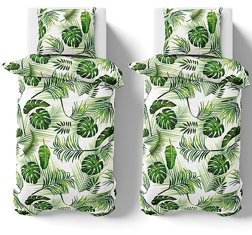 Visaggio 4 teilig Bettwäsche 135x200cm Bettbezug Garnitur Set Premium Reißverschluss Palmenblätter Grün Weiß