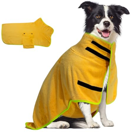 AovYoo Hundebadetuch Hundebademantel Superabsorbierend Komfortabel Verstellbare Riemen Geeignet für kleine, mittlere und große Hunde (L, Gelb(Langer Samt))