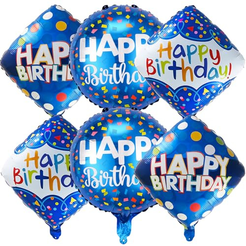 6 Pcs Happy Birthday Balloon Set - Blue Mylar Birthday Party Foil Balloons, Party Theme Decorations