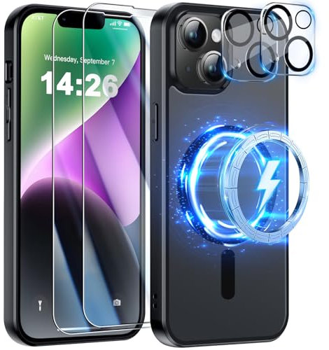 Natiiozie 5 in 1 für iPhone 14 Hülle Kompatibel mit MagSafe, Handyhülle für iPhone 14 mit 2 Schutzfolie und 2 Kameraschutz, Militärnorm PC Rückseite Magnetische Schutzhülle 6,1'' Schwarz