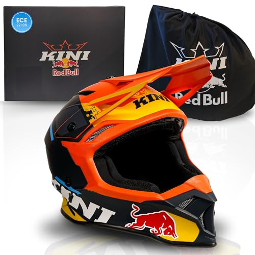 Kini Red Bull Motocross Helm Herren [Premium] Geprüfter Motorradhelm für Renneinsatz - Crosshelm auch als Enduro Helm Downhill Helm einsetzbar - Motocross Helm Brillenträger geeignet (L, Flash Helm)