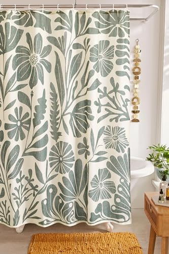 RoomTalks Duschvorhang aus Kunstleinen im Vintage-Stil, für Badezimmer, 210 g/m², strapazierfähig, modern, Bauernhaus, Matisse, Blumen, Pflanzen, botanisches Duschvorhang-Set, ästhetisches