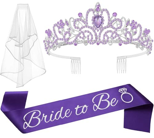 JETKONG 3 Pcs Bachelorette Party Decorations Bridal Shower Crown, Bride to Be Sash&Veil for Women Bachelorette Party Gifts, Bachelorette Party Supplies, Gifts, Favors (Purple)