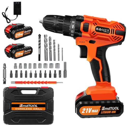 Akku-Bohrmaschine 21V Akkuschrauber Set mit 2 Akkus, 2-Gang Schlagbohrschrauber 25+1 Drehmomentstufen, 45Nm Drehmoment, LED-Licht, Akku-Bohrschrauber mit 26tlg Zubehör für Haus Garten DIY Projekt