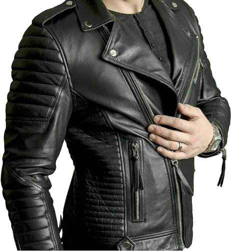Fancyd Giacca da motociclista in vera pelle di agnello - Giacca da moto trapuntata da uomo con cerniera Cafe Racer