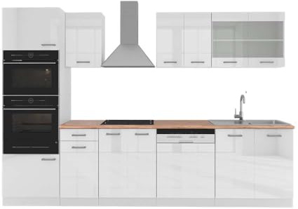 Vicco Küchenzeile R-Line, Weiß Hochglanz, 300 cm | 8 Module · Höhenverstellbare Füße · AP Eiche inkl. · Robuste Fronten · Mit Backofen-/Mikrowellenschrank