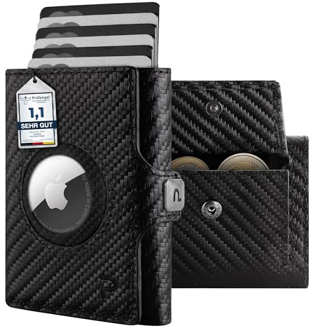 PURISTO KLIK Classic AirTag Wallet mit Münzfach - Mini-Geldbörse für Herren aus Echtleder - Kleines Kartenetui mit RFID-Schutz für 10-14 Karten - Carbon