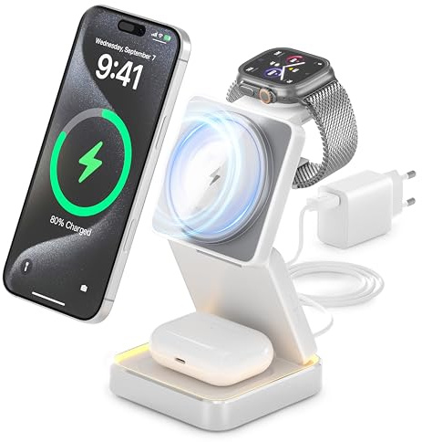 TIGRATIGRO Chargeur sans Fil Magnétique 3 en 1 Pliable 15W Rapide avec Éclairage LED Réglable 2 Niveaux - Compatible Mag-Safe iPhone 16/15/14, Apple Watch, AirPods-Adaptateur USB-C 20W Inclus-Argent