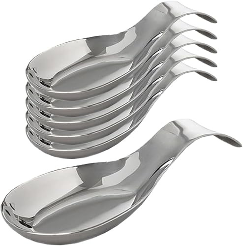 Kitchen Kemistry Stainless Steel Spoon Rest Big with Long Handle for Kitchen Counter Cooking Utensils Rest, Holding Messy Spatula & Ladle, Holder for Stove Top, Dishwasher Safe - Pack of 6