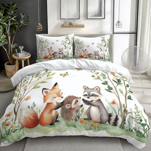 Reversible Duvet Cover Set Watercolor Forest, Woodland Animals – Luxury Quilt Cover Easy Care Bed Linen Soft Cosy Bedding Sets for kids + 1 Pillowcases - Double, 200x200 cm