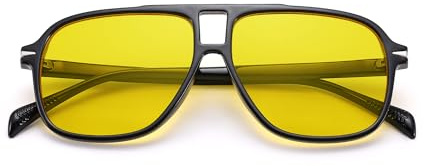 COASION Retro Pilot Sonnenbrille für Damen Herren Klassisch Rechteckig Doppelsteg Brille Übergroß 70er Jahre Vintage Eyewear UV400 Schutz(Glänzend Schwarzer Rahmen/Gelbe Gläser)