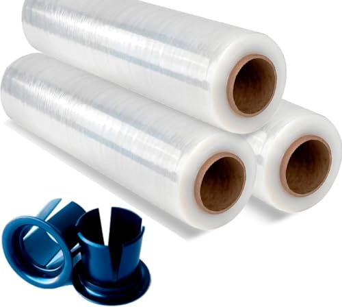 GMS - 3 Rollos de Film Estirable para Embalaje 375metros + Aplicadores - Film Transparente de Alta Resistencia para Protección y Seguridad de Envíos y Almacenaje (Transparente, 3 Rollo + 2Tacos)
