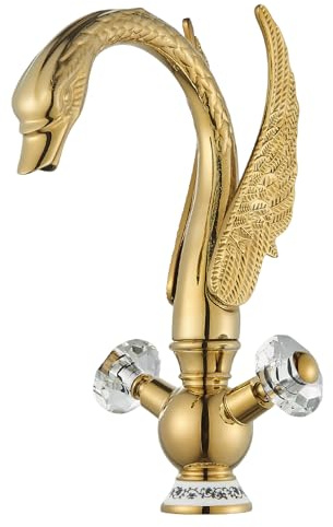 Saeuwtowy Robinet Lavabo Salle de Bain Doré Mitigeur de Lavabo en Laiton, Design en Forme d'oiseau, Double Poignée avec Volant en Cristal, Mitigeur Salle de Bain Réglable Chaud
