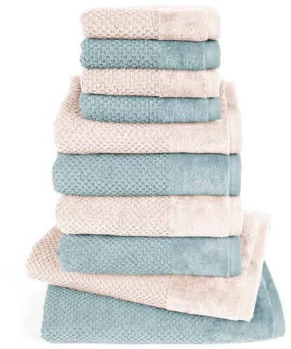 Pure Label Handtücher Set 10-TLG 2x70x140 4x50x100 4x30x50 Creme|Türkis | weich, saugstark, 100% Baumwolle & OEKO-TEX, mit Schlaufe