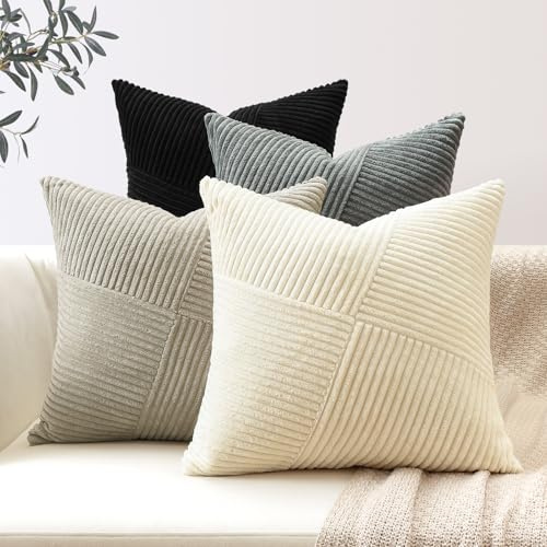 Sungeek 4er Set Cord Kissenbezüge, Windmühle Streifen Kordsamt Kissenbezug Sofakissen Dekokissen Patchwork Design Deko Zierkissenbezüge Kissenhülle für Wohnzimmer (45x45cm, Schwarz Grau)