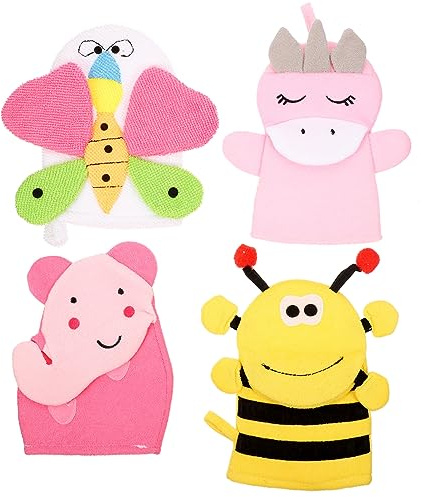 LIFKOME 4 Stück-pack Tierbaby Waschhandschuhe mit Cartoon Design Peeling Duschhandschuhe aus Composite Baumwolle für Kinder Sanfte Textur Geeignet für Bad und Dusche Zufälliger Stil