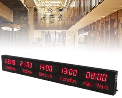 Horloge mondiale numérique LED avec 5 fuseaux horaires, montage mural, luminosité réglable, villes personnalisables, parfaite pour les aéroports, les entreprises multinationales et les hôtels